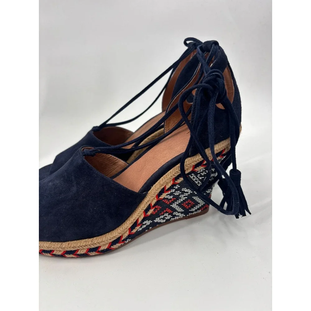 Cabi Espadrille Wedge Sandals Womens 7.5M Navy Blue Suede‎ Lace Up Boho 5310